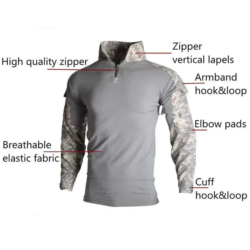 Men’s Tactical Combat Shirt – Ripstop Camo 1/4 Zip Long Sleeve