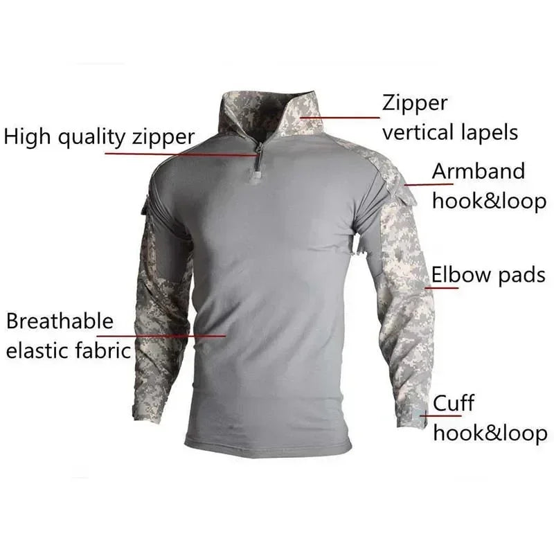 Men’s Tactical Combat Shirt – Ripstop Camo 1/4 Zip Long Sleeve